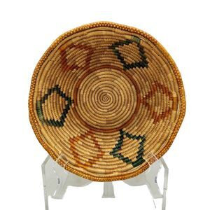 Hand Woven Coiled Basket Bowl 10" Round Southwestern Tribal Boho Geometric